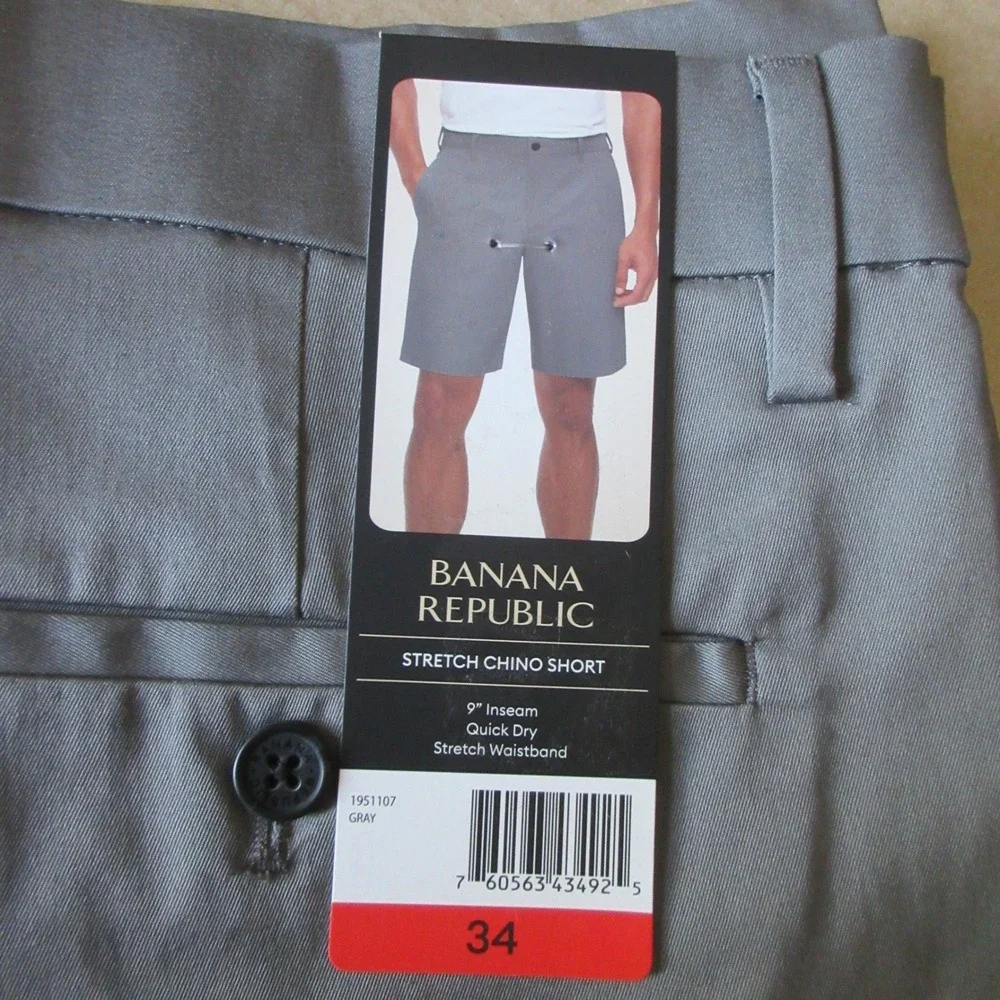BANANA REPUBLIC Stretch Chino Shorts Mens 34 Gray Flat Front Quick Dry Grey NWT